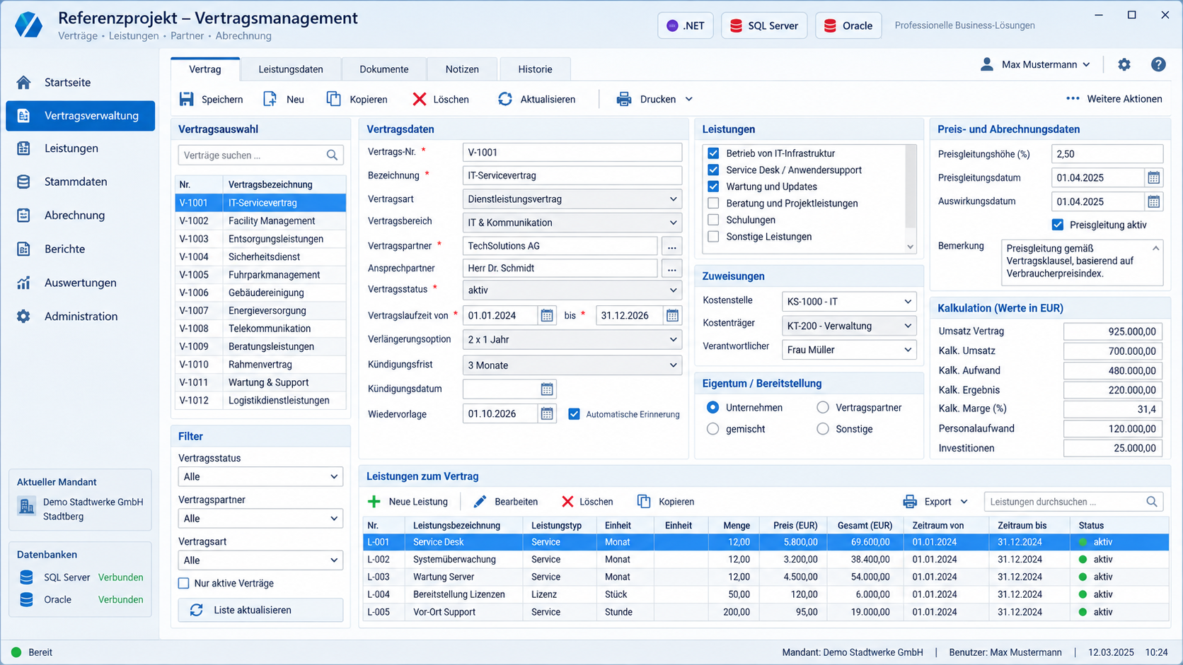 Anonymisierte Portfolio-Darstellung einer Vertrags- und Leistungsmanagement-Anwendung